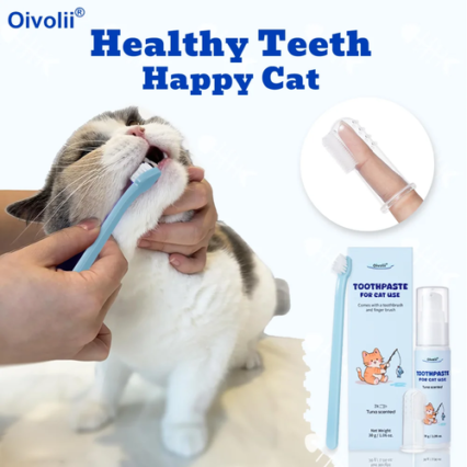 Tuna Flavored Cat Toothpaste with Toothbrush and Finger Brush – Safe Dental Cleaning Kit for Cats