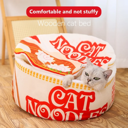 Cute Ramen Plush Cat Bed – Soft Cozy Pet Bed with Removable Cover
